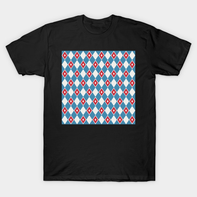 Red White and Blue Harlequin Pattern T-Shirt by Blue-Banana